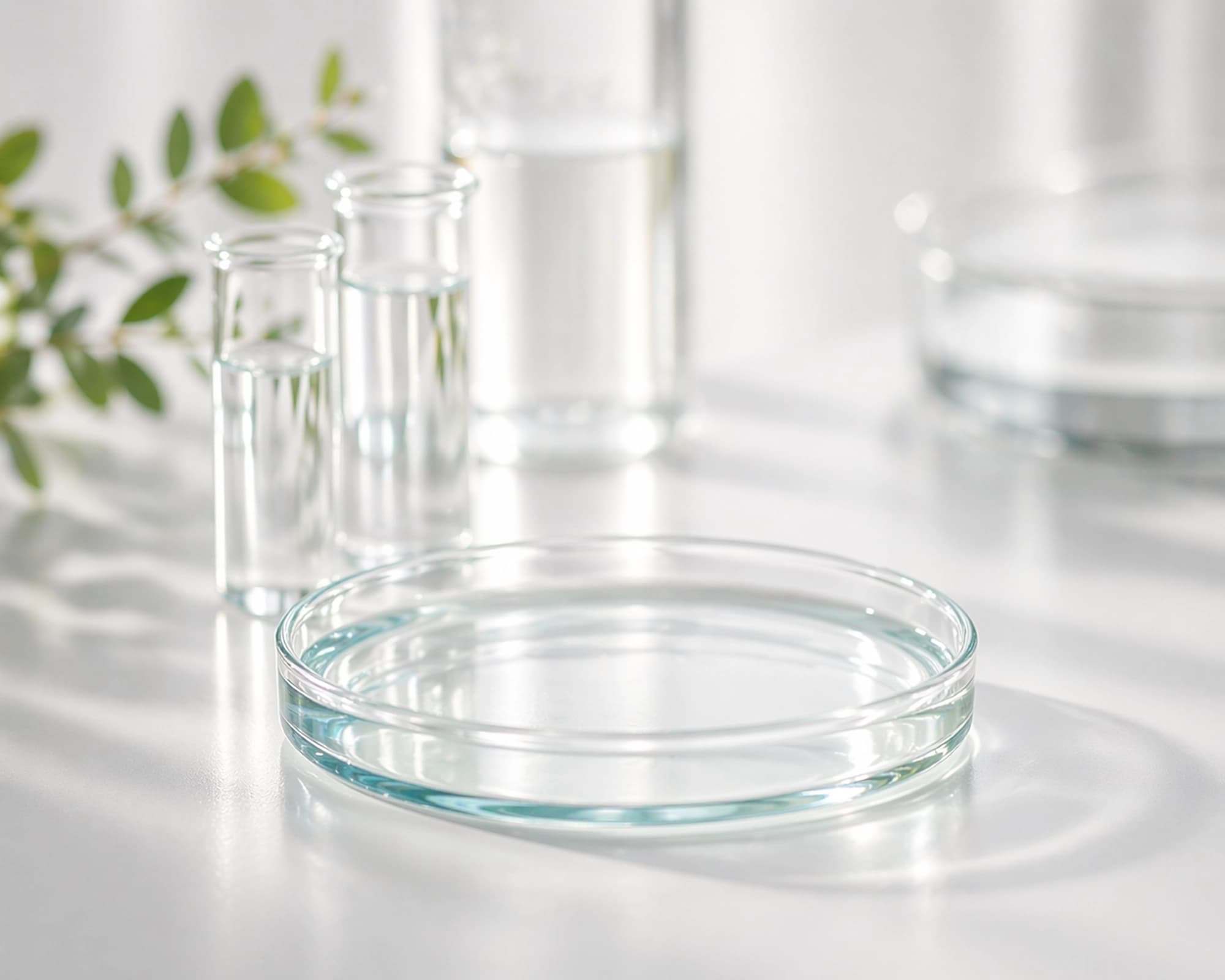 Minimal laboratory scene with glass vessels and petri dish
